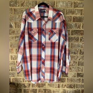 Vintage 90s Wrangler Plaid Button-Down Shirt ~ Size XLRed White blue Patriotic